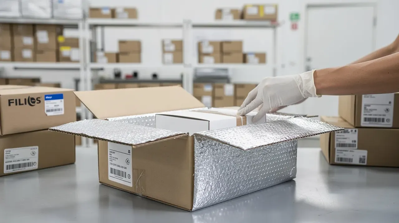 Protective packaging prepared for tracked peptide shipping.