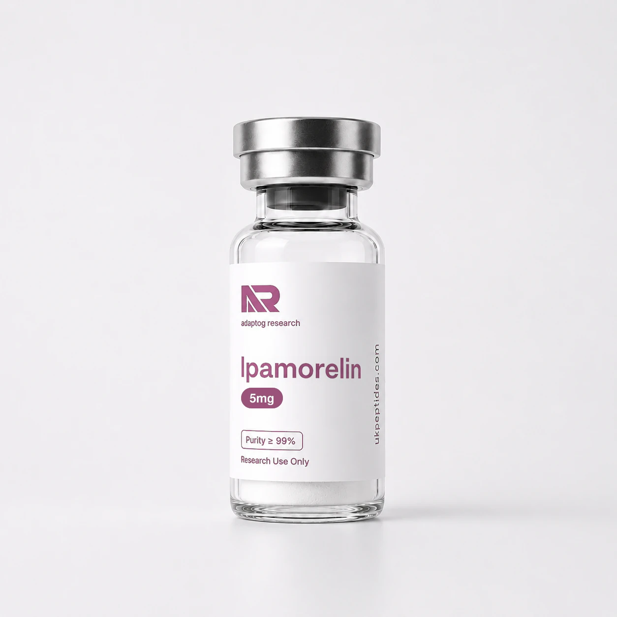 Ipamorelin research peptide vial — 99.8% HPLC purity, lyophilised