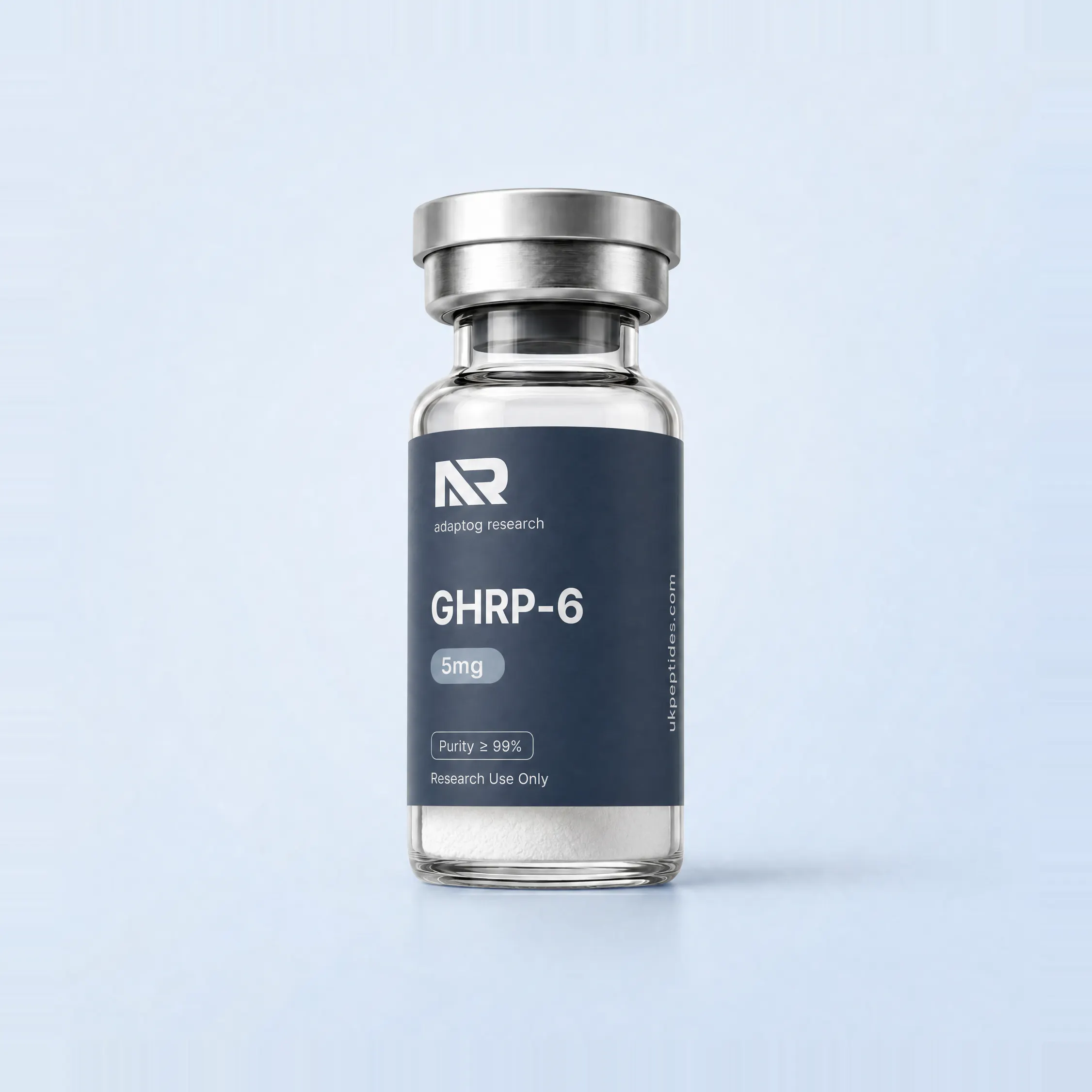 GHRP-6 research peptide vial — 99.7% HPLC purity, lyophilised