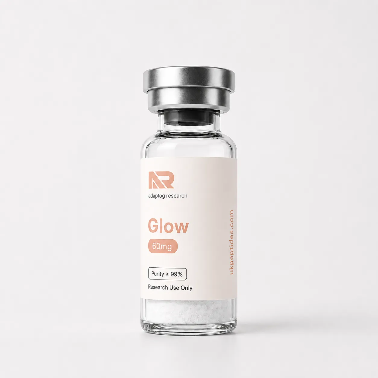 Glow research peptide vial — 99.0% HPLC purity, lyophilised